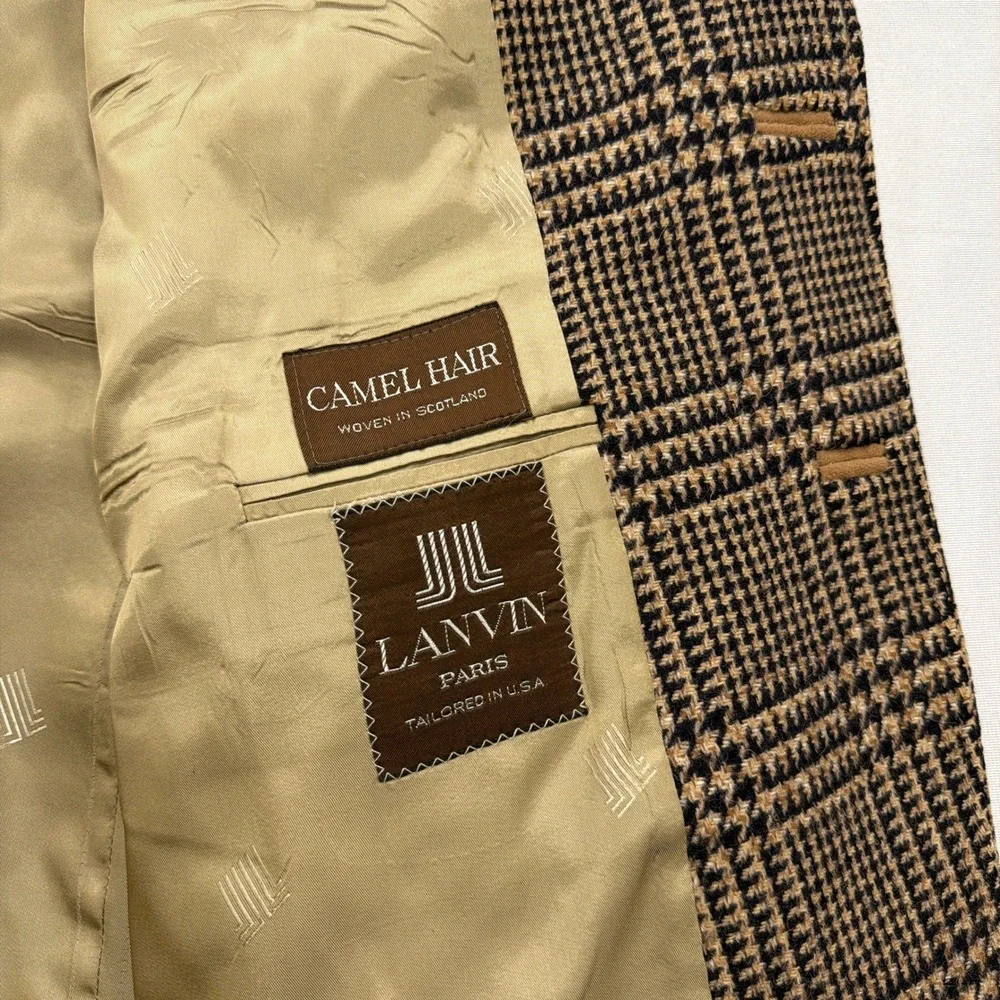 Lanvin Sport Coat Camel Hair Glen Plaid Elbow Patches Tan Mens 48R